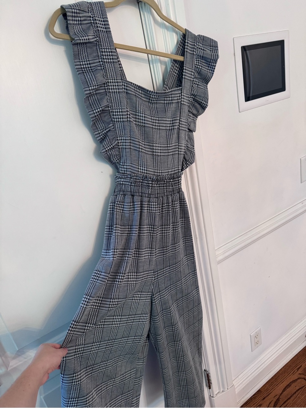 London Rose Houndstooth Plaid Ruffle Strap Wide Leg Jumpsuit - M